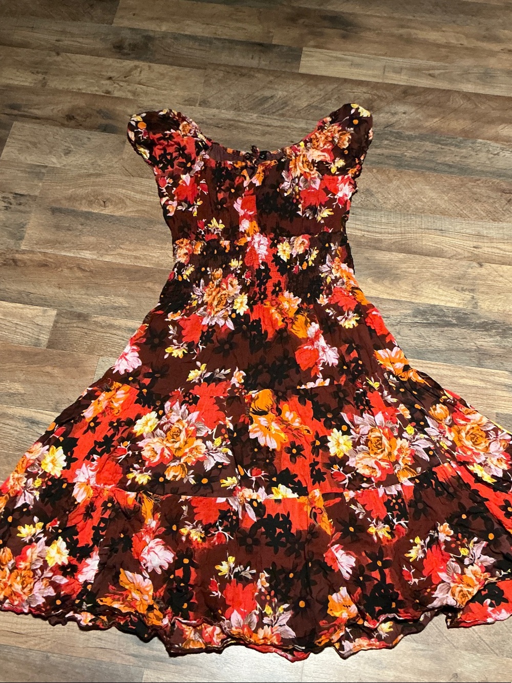 Mlle Gabrielle Brown Floral Midi Dress with Orange & Pink Blooms